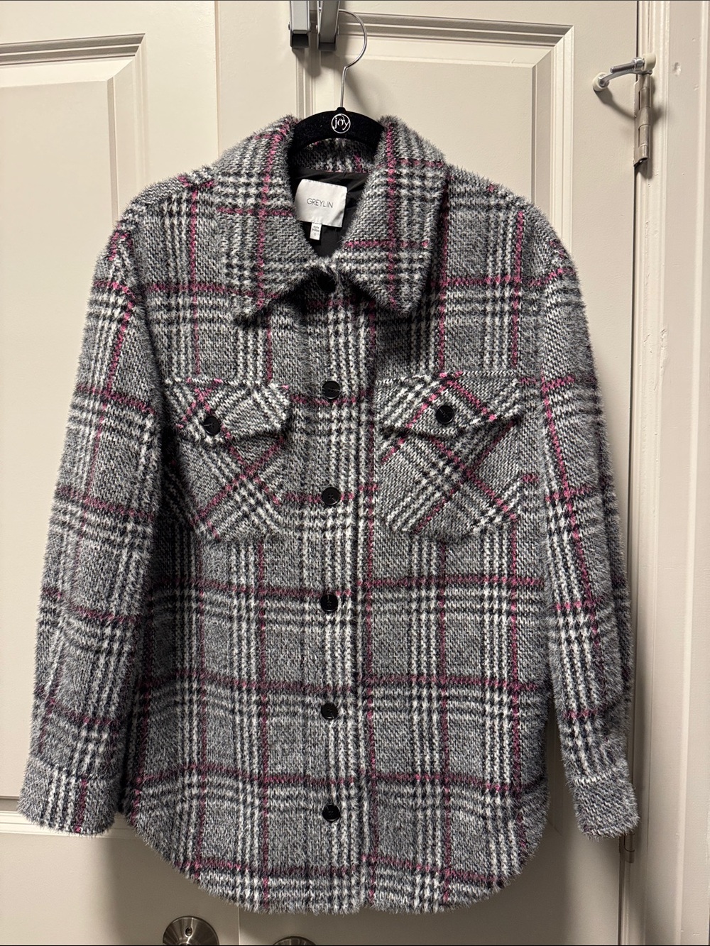 Greylin Gray Plaid Shacket with Pink Accent